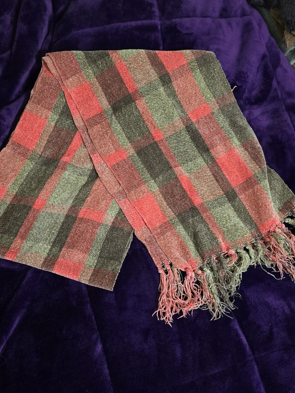 Plaid Fringe Knit Scarf in Coral and Olive